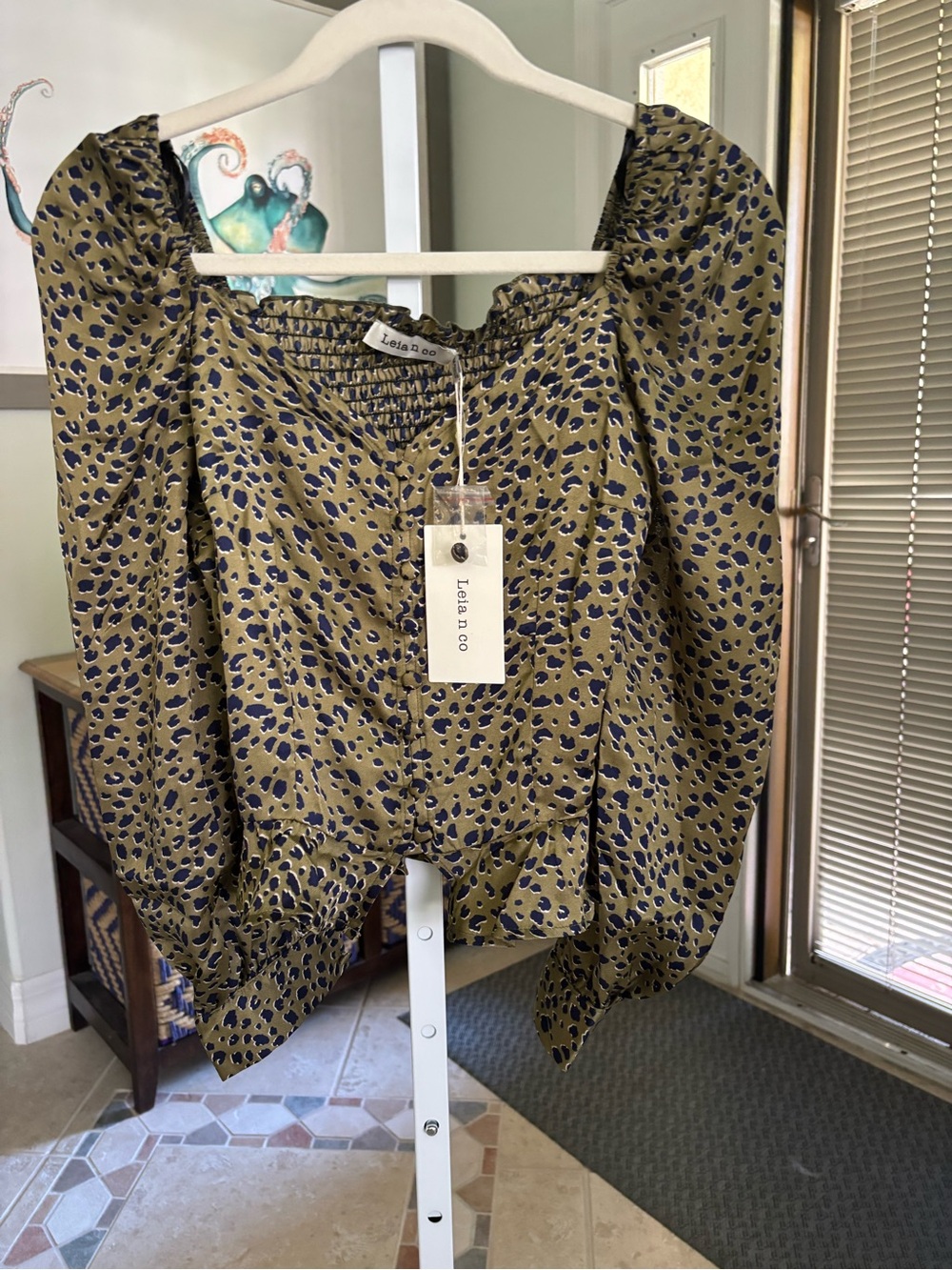 #117 Olive Green Leopard-Print Puff Sleeve Blouse